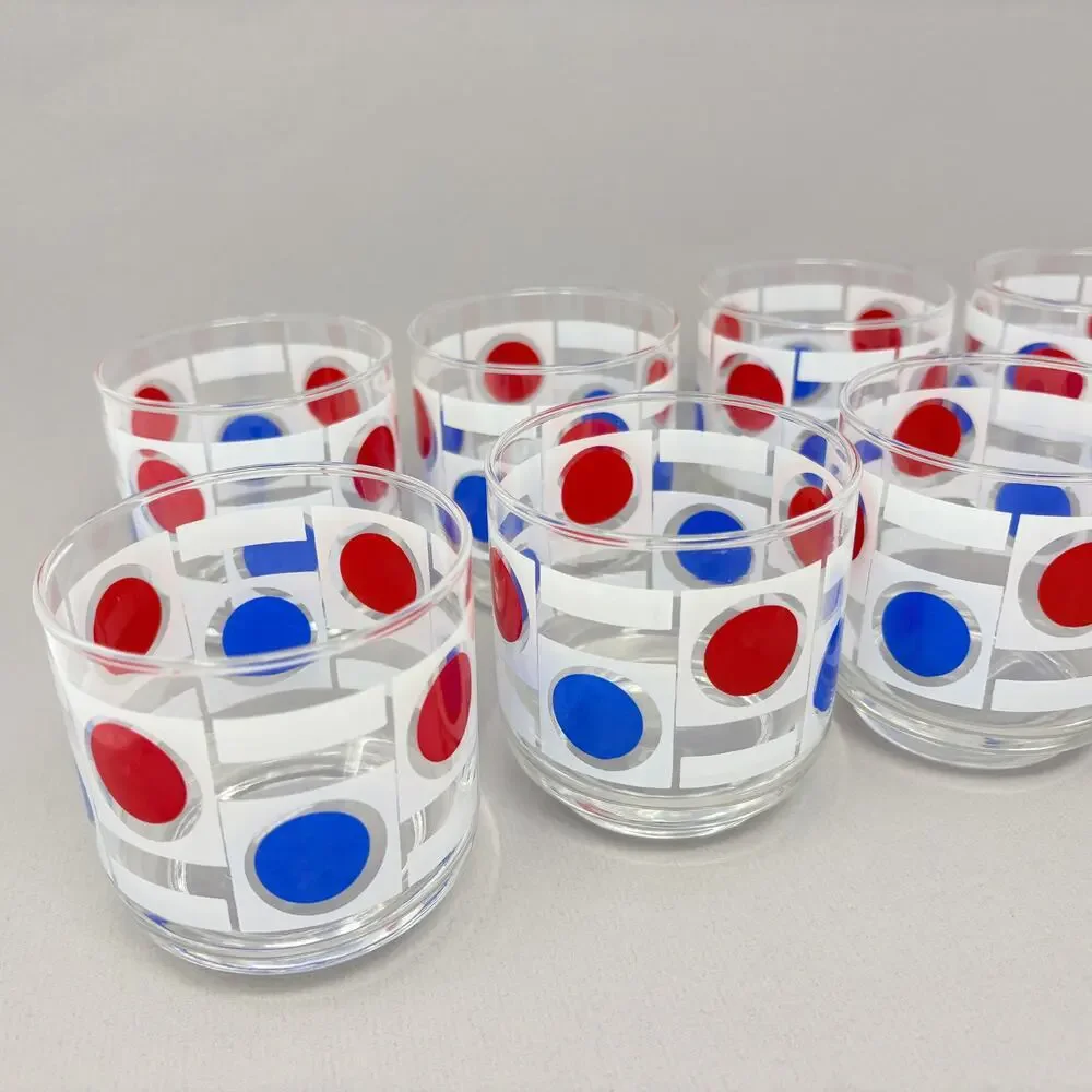 Set of 8 Vintage MCM Libbey Patriotic Red White Blue Dot Pattern Low Ball READ